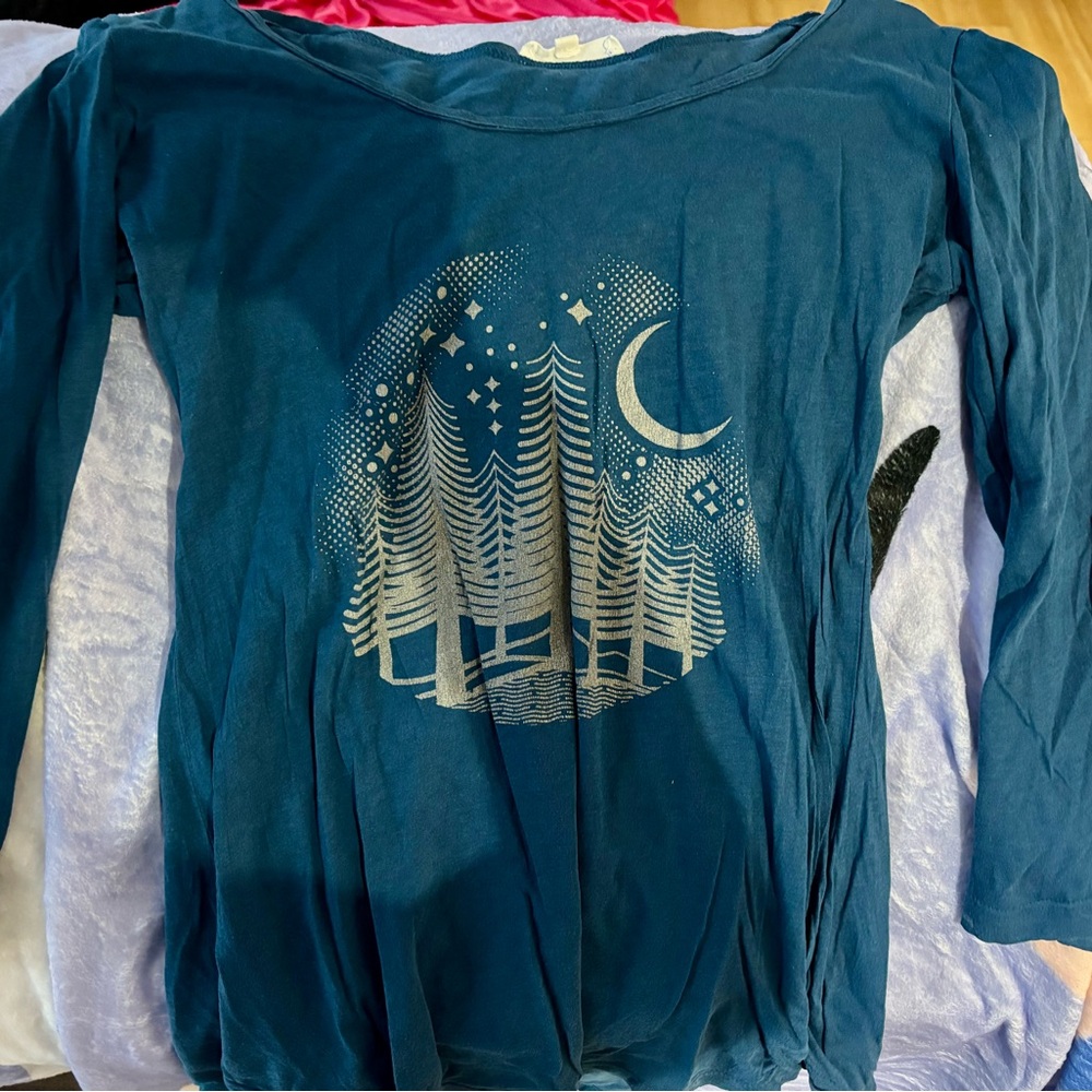 Blue Teal Long Sleeve Tee with Night Forest Moon Graphic